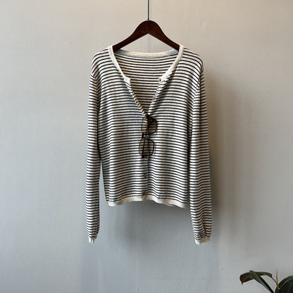 【トップス】バイカラーストライプが映える！韓国風薄手ニットカーディガン｜体型カバーも叶う秋トップス【JZシリーズ】