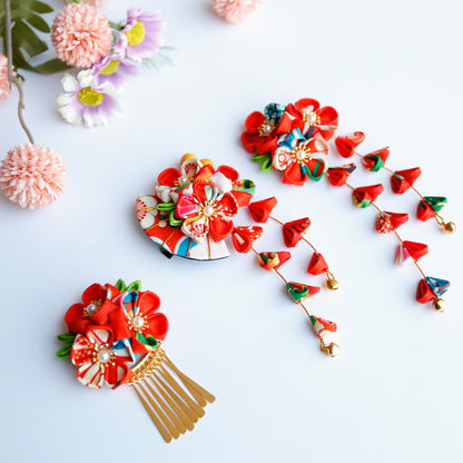 【セットアップ】夏 手作り布製  髪飾り つまみ細工風 和風ヘアアクセサリー 【SHシリーズ】