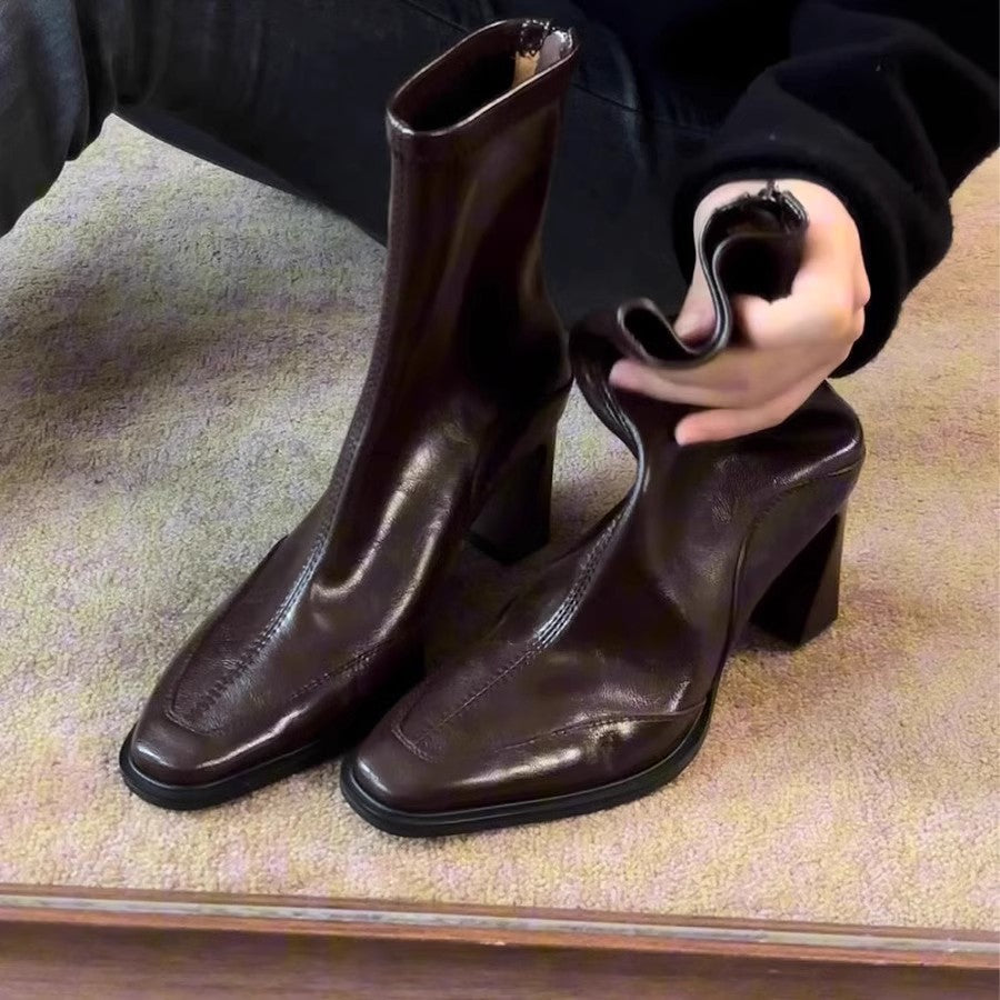 【シューズ】ショート 太めヒール 春 秋 冬 スリムブーツ  【JZシリーズ】