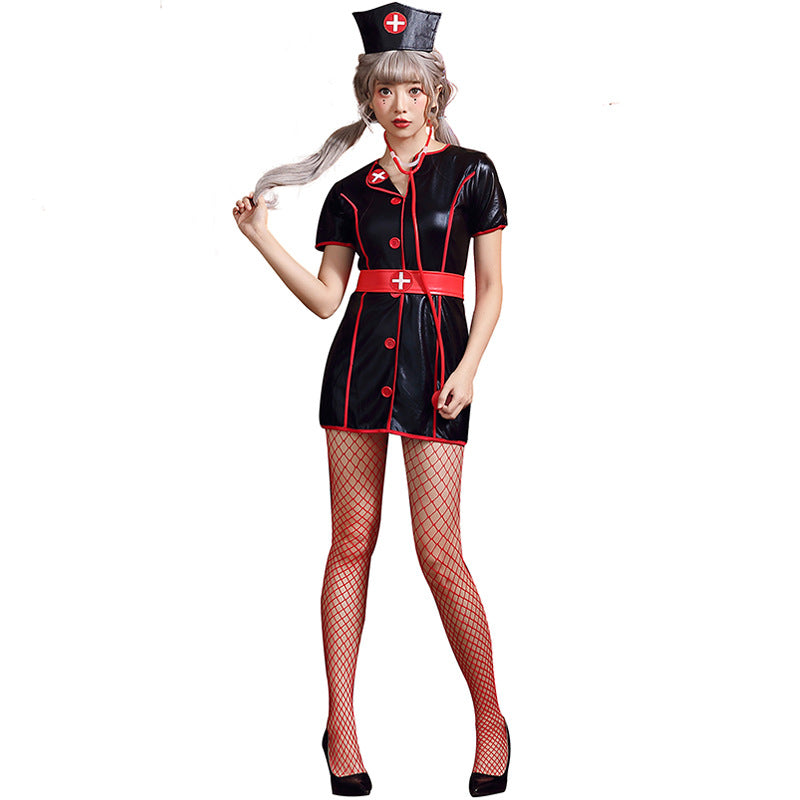 【ハロウィン】PUレザー黒ナースコスプレ・パーティー・ナイトクラブ・制服ワンピース