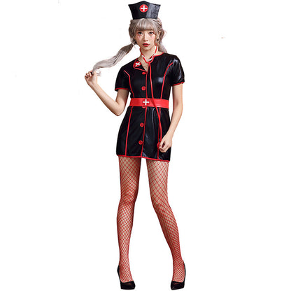 【ハロウィン】PUレザー黒ナースコスプレ・パーティー・ナイトクラブ・制服ワンピース
