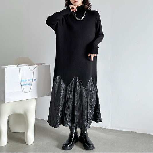 【ワンピース】ヨーロッパ風 切り替え ニットワンピース ゆったり体型カバー ハイネック 長袖ワンピース【AHシリーズ】