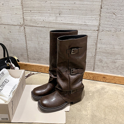 【シューズ】春 秋 冬ストラップ付き くしゅくしゅデザイン パンツインブーツ 【JZシリーズ】