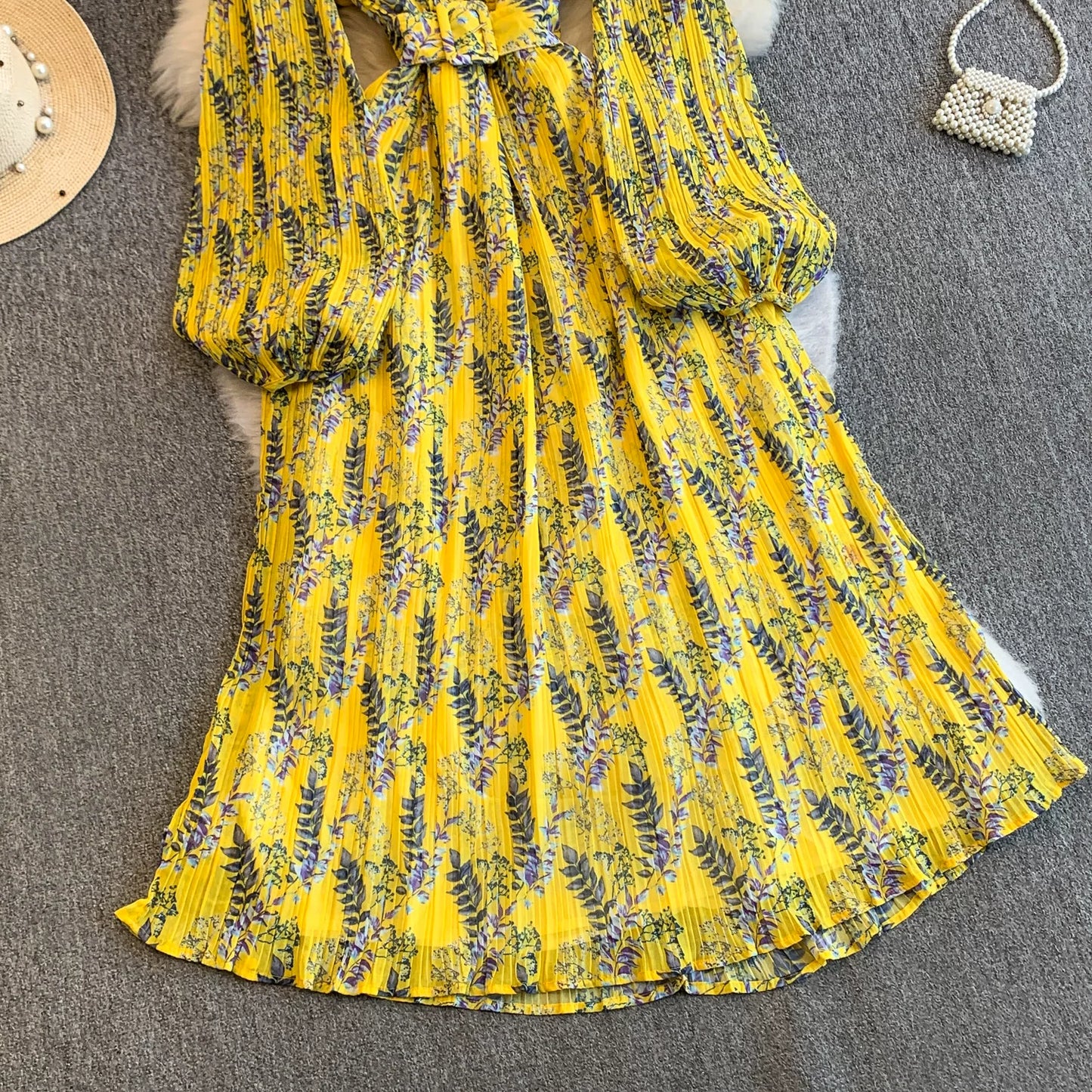 【ワンピース】スタンドカラー リボン付き Aライン プリント プリーツ 長袖 ワンピース 【SHシリーズ】