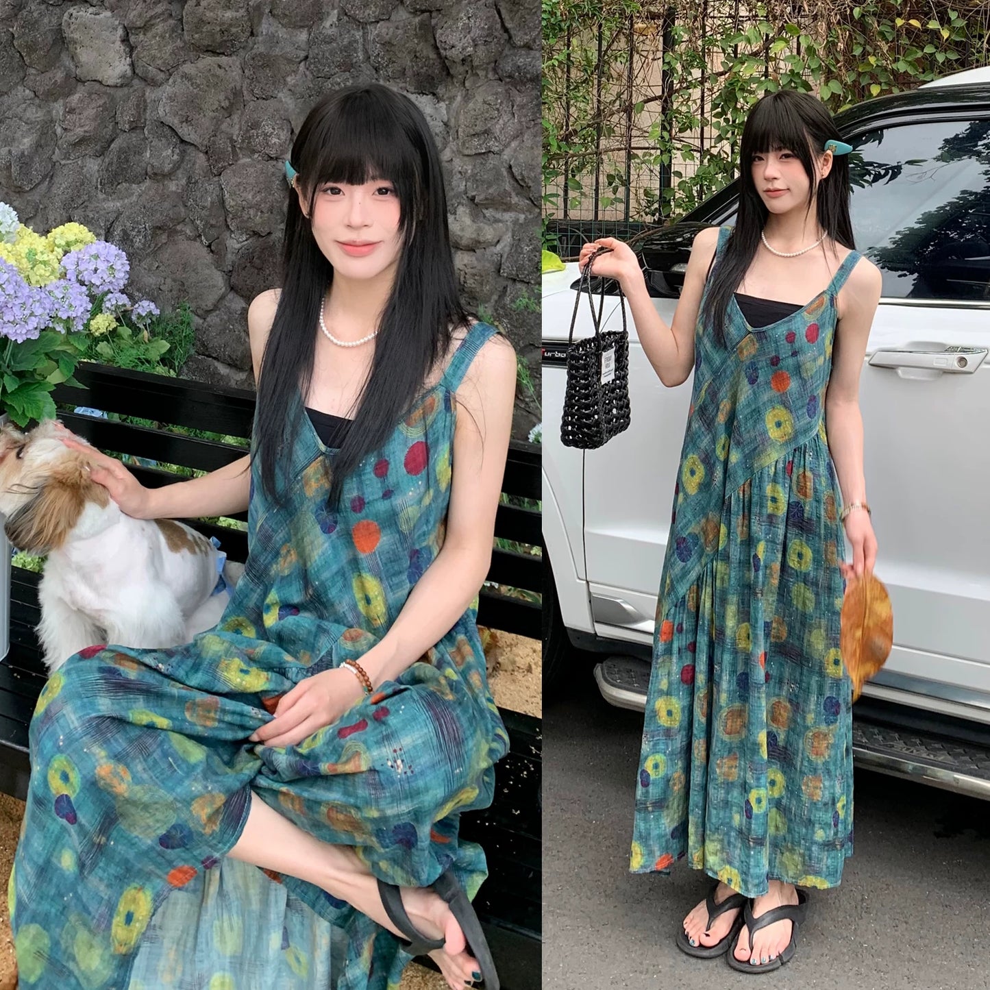 【ワンピース】オイルペイント柄 キャミワンピース レディース ノースリーブ 夏 ゆったり フレアロング丈 体型カバー リネン風 人気 リラックスコーデ【SHシリーズ】