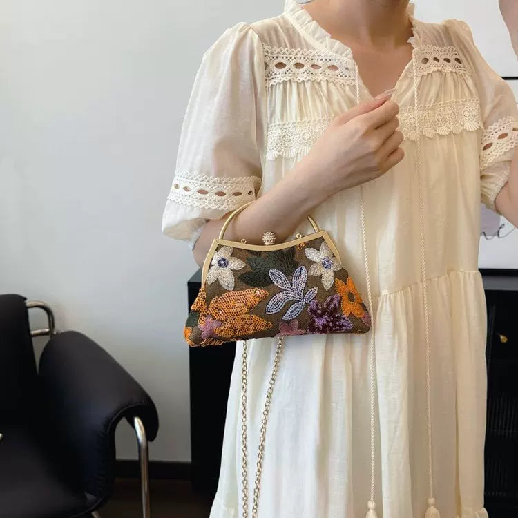 【バッグ】フラワー 竹ハンドル  刺繍 スパンコール バケットバッグ 【SHシリーズ】