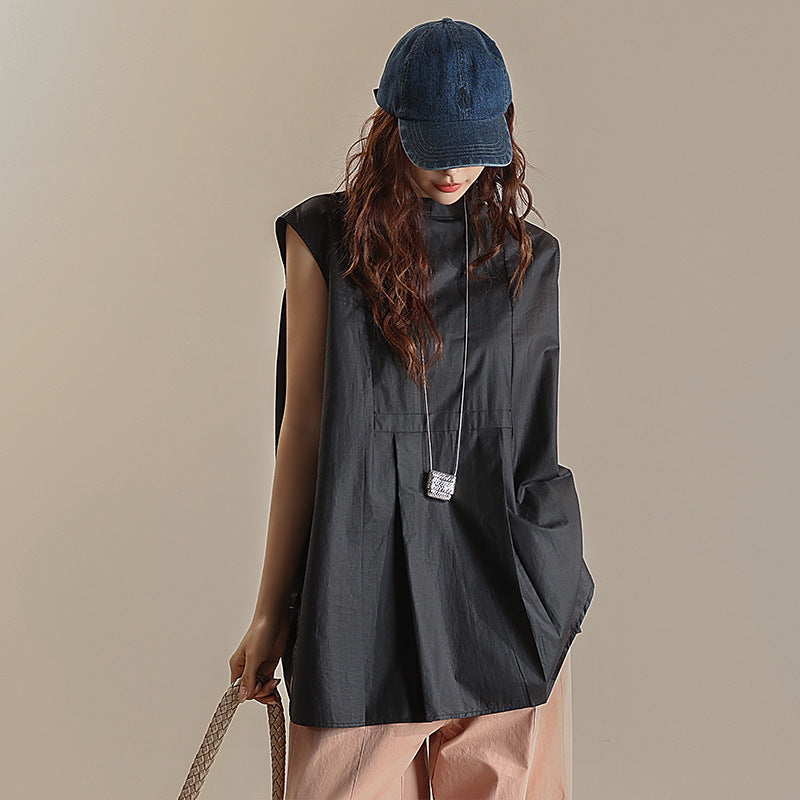 【トップス】夏 前後着用可能 ノースリーブ スタンドネック シャツ