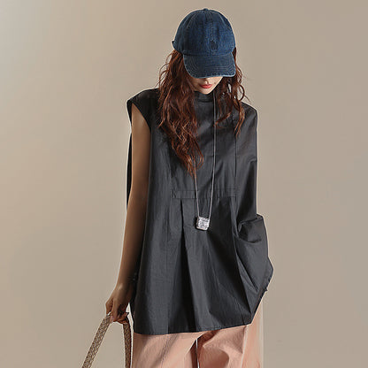 【トップス】夏 前後着用可能 ノースリーブ スタンドネック シャツ