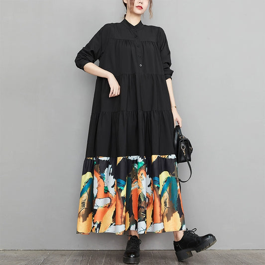 【ワンピース】秋新作 花柄切替 長袖 ロングワンピース レディース ブラック ゆったり Aライン 細見え レトロ風【SHシリーズ】