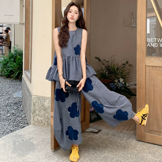 2点セット【セットアップ】超可愛い タンクトップ ＋ プリントチェック柄 パンツ 上下セット【SHシリーズ】