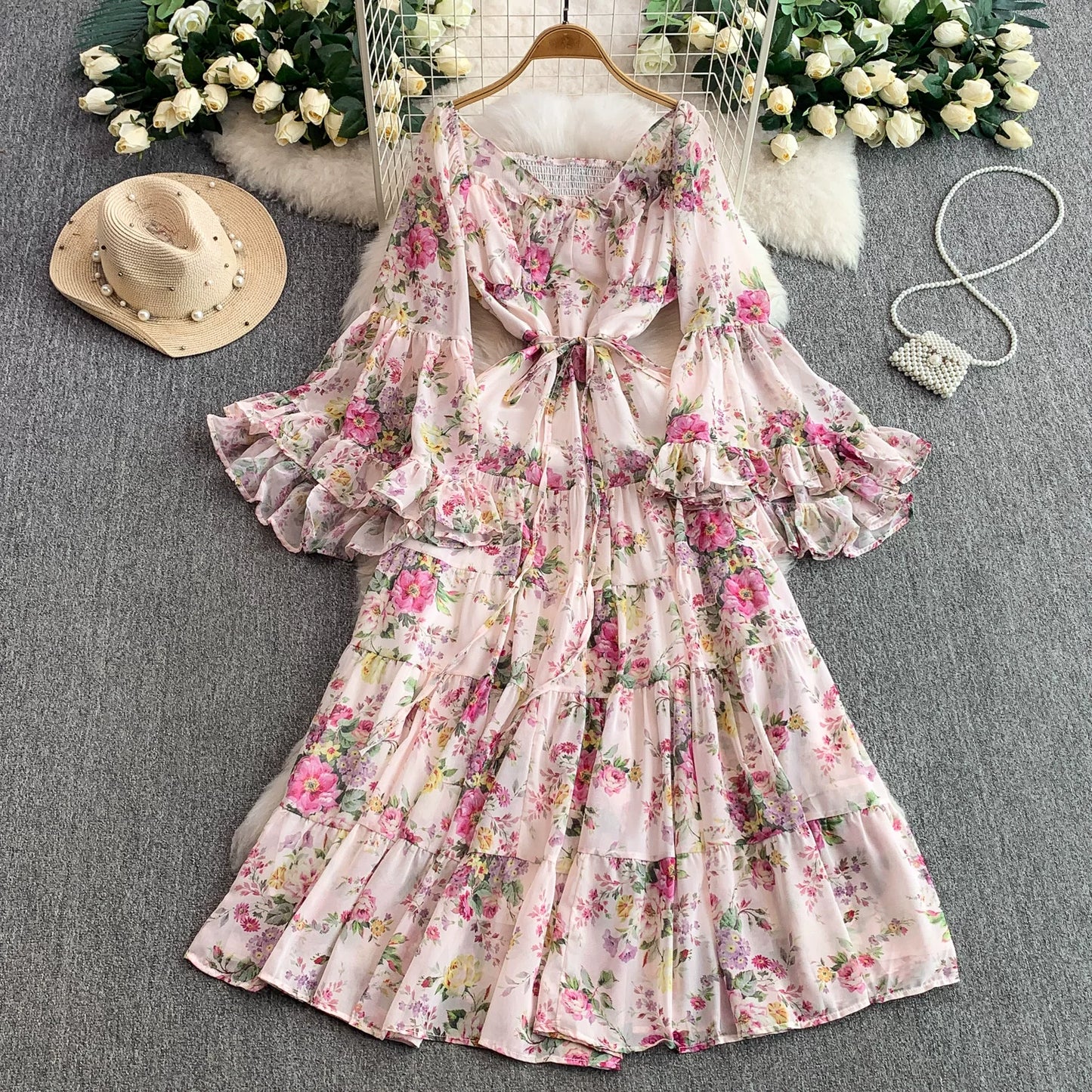 【ワンピース】褒められ確定！フレンチ小衆 長袖 プリントロングワンピース｜シフォン＆ベルスリーブ【SHシリーズ】