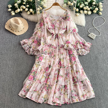 【ワンピース】褒められ確定！フレンチ小衆 長袖 プリントロングワンピース｜シフォン＆ベルスリーブ【SHシリーズ】