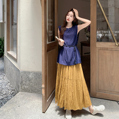 2点セット！【セットアップ】ラウンドネックカジュアルノースリーブブラウス＋ハイウエスト細見えAラインスカート上下セット【JZシリーズ】