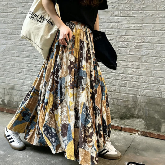 【ボトムス】レトロプリント プリーツスカート レディース 夏 ハイウエスト ロングスカート Aライン フレア 細見え フェミニン【SHシリーズ】