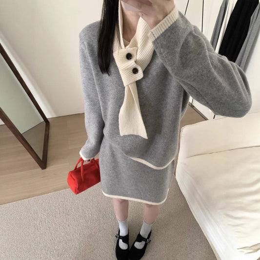 【セットアップ】韓国風 リラックス 配色デザイン ツイード風 ニットトップス＋ミニスカート＋マフラー 3点上下セット レディース【JZシリーズ】