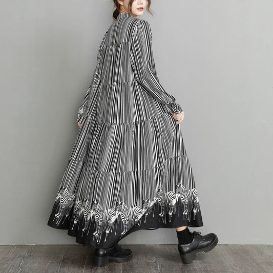 【ワンピース】レディースワンピース ストライプ切替 フレンチフレア ロング 長袖ワンピース【AHシリーズ】