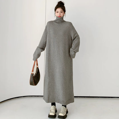 【ワンピース】韓国風ルーズシルエットハイネックニットワンピース レディース 秋冬新作 大きいサイズ 無地 ロング丈【JZシリーズ】