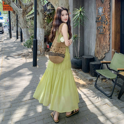 【ワンピース】気質スタイル 夏 海辺リゾート風 ギャザー入りシフォンロングドレス  ノースリーブワンピース