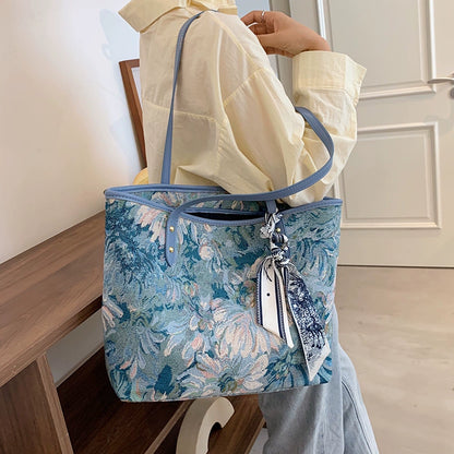 【バッグ】💙刺繍デザイン入り 大容量トートバッグ レディース 通勤 新作 おしゃれレトロ ボディバッグ