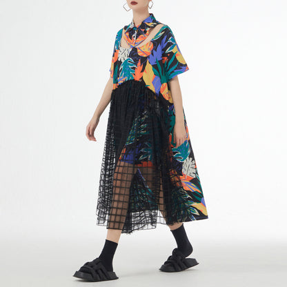 【ワンピース】モード系 ネックシアー切替 半袖ワンピース レディース 夏 ロングワンピース Aライン ゆったり 上品 デザイン性【SHシリーズ】