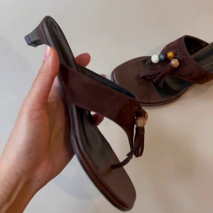 【シューズ】ヴィンテージ風 ビーズフリンジ トングサンダル 外履き リゾートローマ風