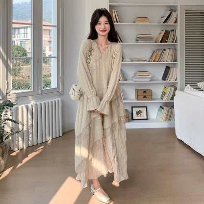 【ワンピース】レンチ風 長袖ワンピース レディース 秋新作 韓国風 優しい雰囲気 人気 気質レース ロング丈 初恋ワンピ【JZシリーズ】