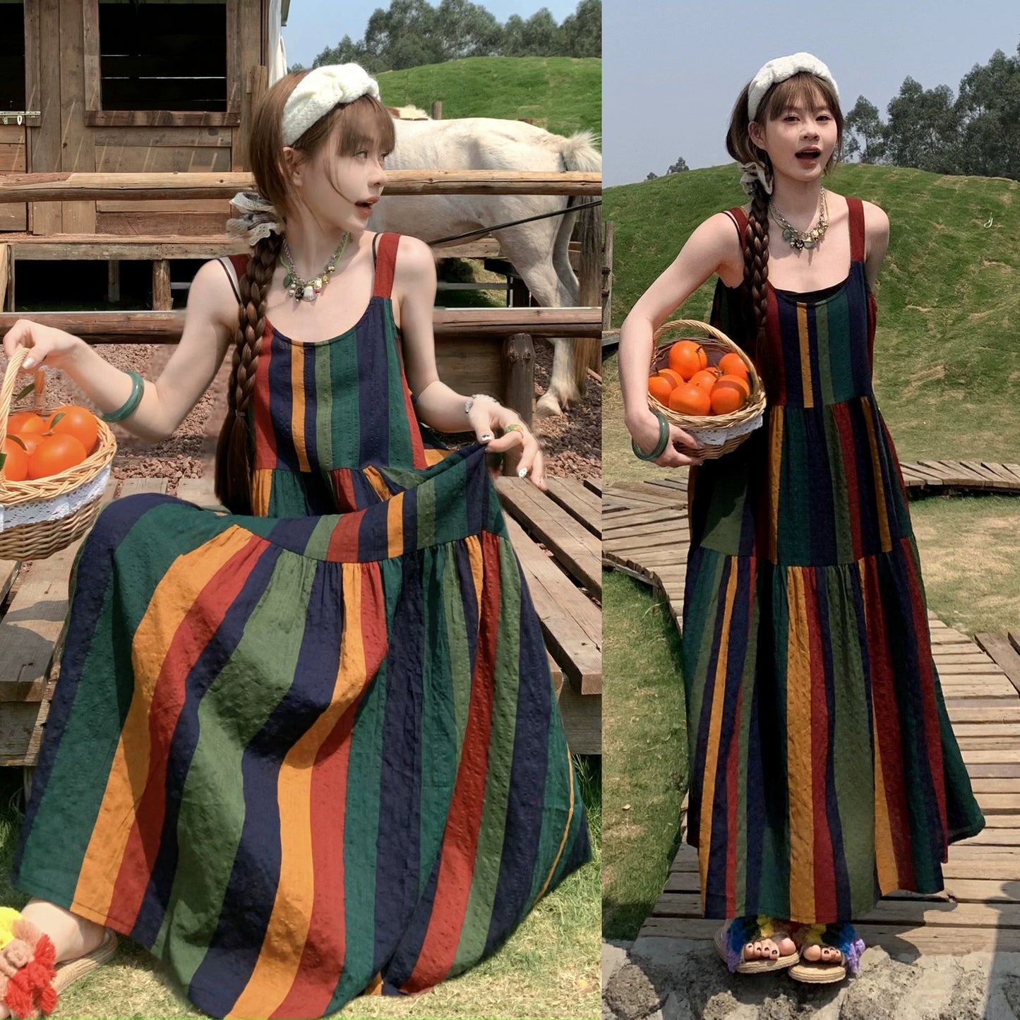 【ワンピース】夏新作 カラフルデザイン リラックスフィット ノースリーブキャミソールワンピース【SHシリーズ】