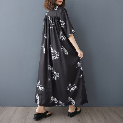 【ワンピース】白鶴の柄 レトロ ゆったりサイズ スタンドカラー 半袖 ロング シャツワンピース 大きいサイズ【SHシリーズ】