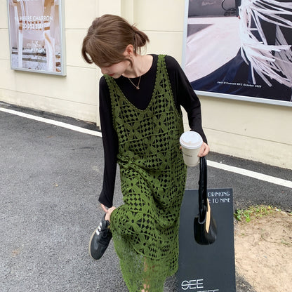 【セットアップ】透かし編みニットワンピースセット レイヤード風 レディース 韓国風 雰囲気2点セット【JZシリーズ】