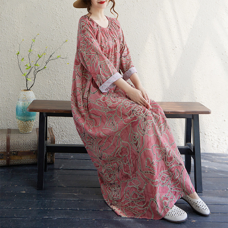 期間限定🍂60%OFF【ワンピース】リゾート風ギャザーワンピース レディース 秋新作 長袖 ロング丈 クルーネック ゆったり ナチュラル【SHシリーズ】