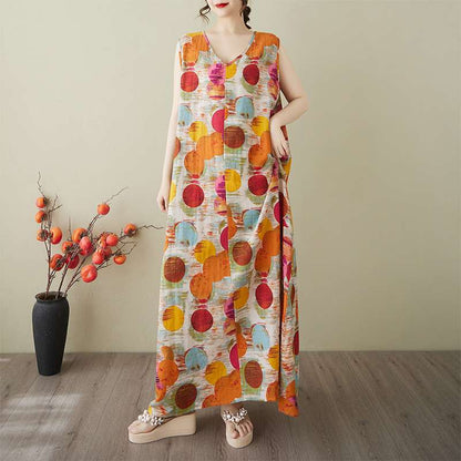 【ワンピース】夏 韓国風 大きいサイズ 綿麻Vネック ノースリーブワンピース【SHシリーズ】