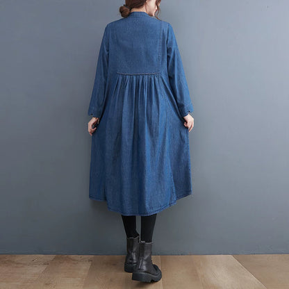 【ワンピース】大きいサイズ 文芸風 Aライン 長袖 デニムワンピース ロング丈 ゆったり 春新作【JZシリーズ】