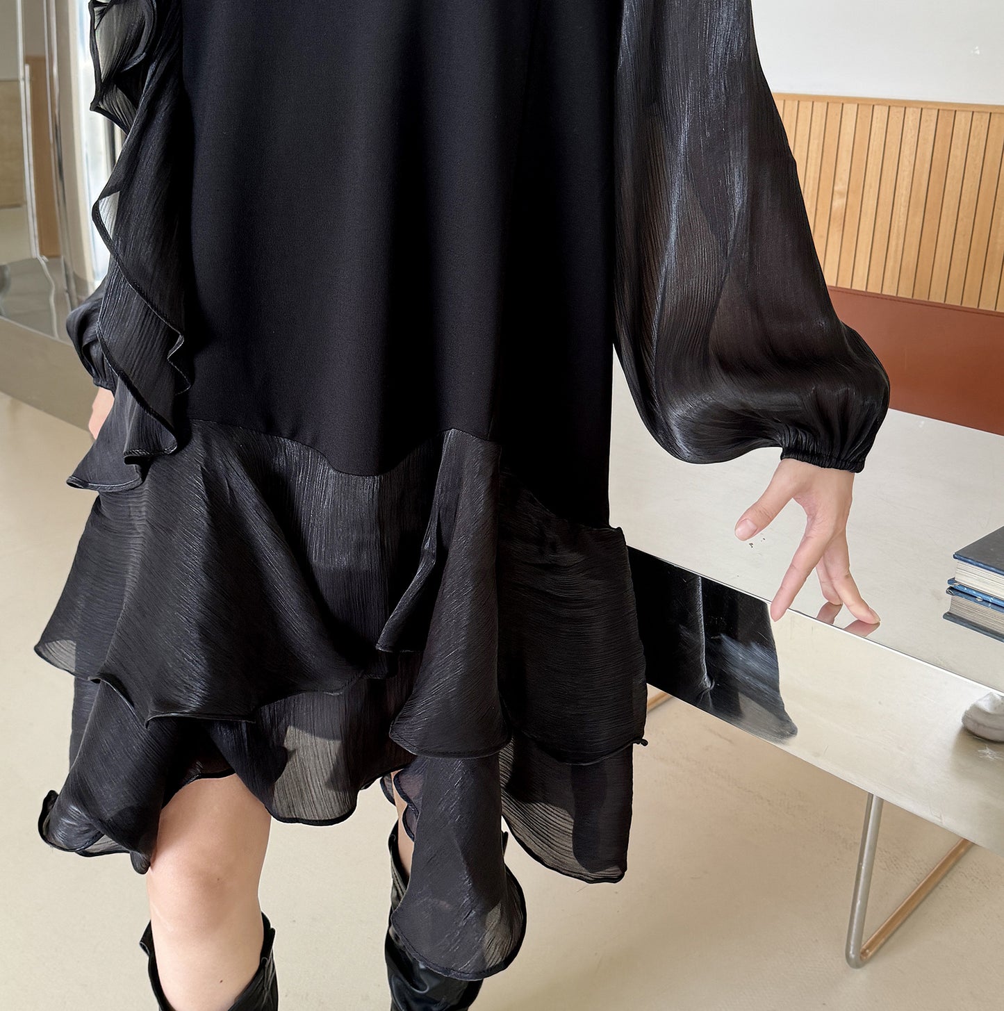 【ワンピース】春 秋 冬 オーガンジー切替 ゆったり ティアード ワンピース 【AHシリーズ】