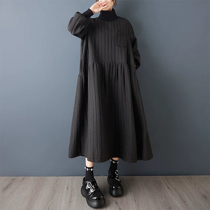 【ワンピース】インポート風 個性派デザイン ハイネック ダークモード 長袖ワンピース ゆったり Aライン レイジーカジュアル ロングドレス【AHシリーズ】