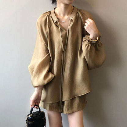 【セットアップ】🌞夏新作 レディース 日焼け対策 シャツ＋ワイドショートパンツ 2点上下セット カジュアル 上品見え 若見え【JZシリーズ】