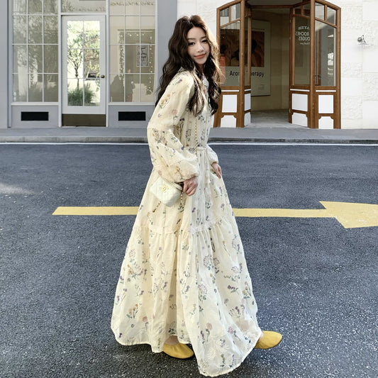 【ワンピース】ロマンチック フレンチ プリント ヘプバーン風 着痩せ 長袖ワンピース【SHシリーズ】