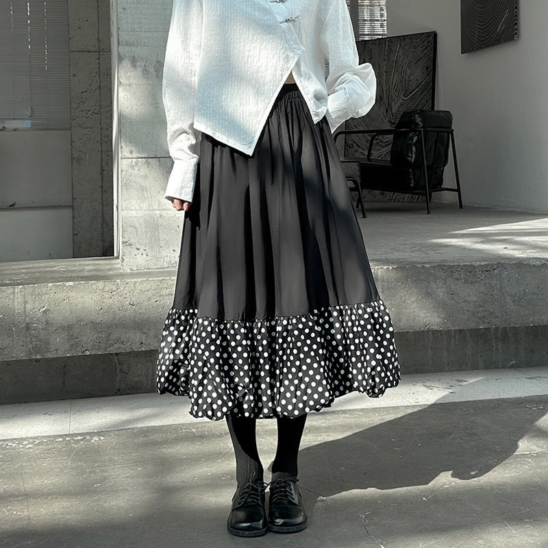 【ボトムス】春 秋 冬 ウエストゴム バルーン裾 ドット切り替え Aライン スカート 【AHシリーズ】