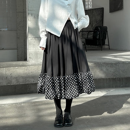 【ボトムス】春 秋 冬 ウエストゴム バルーン裾 ドット切り替え Aライン スカート 【AHシリーズ】