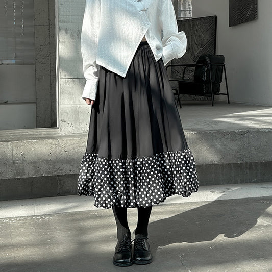 【ボトムス】春 秋 冬 ウエストゴム バルーン裾 ドット切り替え Aライン スカート 【AHシリーズ】