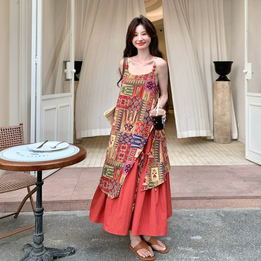 【ワンピース】民族風 夏新作 ゆったり＆細見え 花柄ノースリーブキャミワンピース【SHシリーズ】