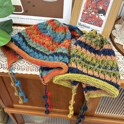 【グッズ】雰囲気 レインボー ニット帽 秋冬 手編み くすみ配色 ハット