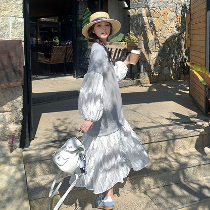 【ワンピース】韓国トレンド レース×スウェット風 長袖ワンピース 春秋 フェイクレイヤード 大人可愛い 優しげ 若見え【JZシリーズ】