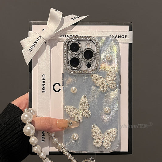 【グッズ】iPhone 16 Pro Max / 15 Pro / 14 Plus / 13 / 12 Pro / 11 用 高級感 ラグジュアリー 新作 立体パール 蝶モチーフ キラキラ ミラーケース レディース スマホカバー