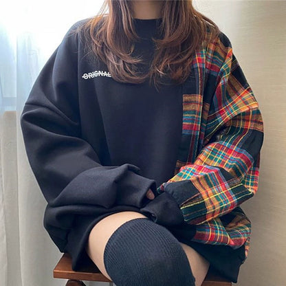 【トップス】秋冬 ラウンドネック チェック柄 パフスリーブ プルオーバー パーカー