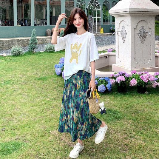 2点セット！【セットアップ】夏 カジュアル Tシャツ＋ 油絵プリント グラデーションスカート上下セット【SHシリーズ】