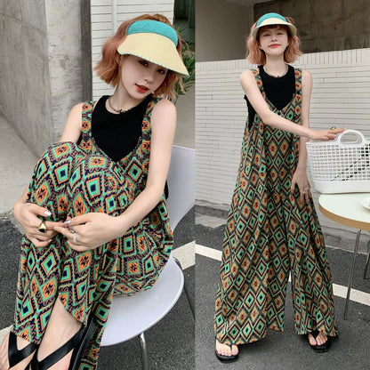 【ボトムス】夏新作 文芸ムードたっぷり 菱形チェック柄 オーバーサイズサロペットスカンツ オールインワン【SHシリーズ】