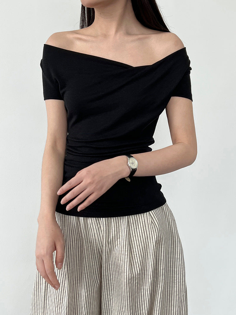 【トップス】夏 ドレープネック フレンチスタイル 半袖 Ｔシャツ【SNシリーズ】