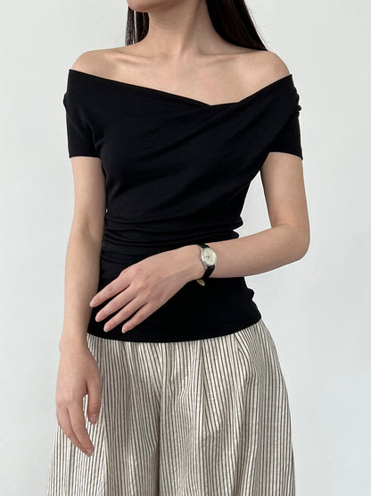 【トップス】夏 ドレープネック フレンチスタイル 半袖 Ｔシャツ【SNシリーズ】