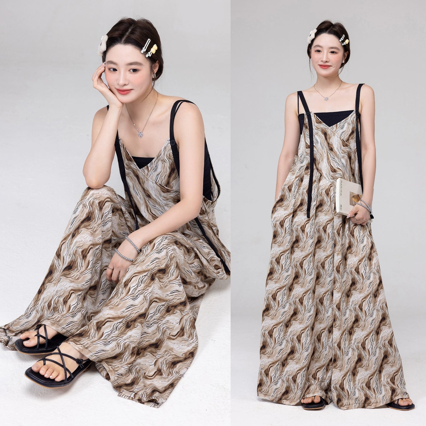 【ボトムス】ハイエンドレトロ感 水波模様グラデーションサロペット ゆったりVネック オールインワン 夏新作【SHシリーズ】