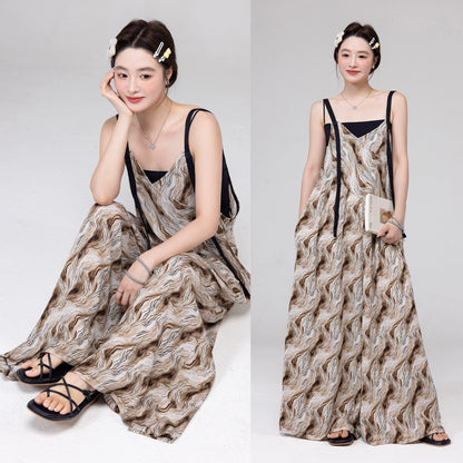 【ボトムス】ハイエンドレトロ感 水波模様グラデーションサロペット ゆったりVネック オールインワン 夏新作【SHシリーズ】